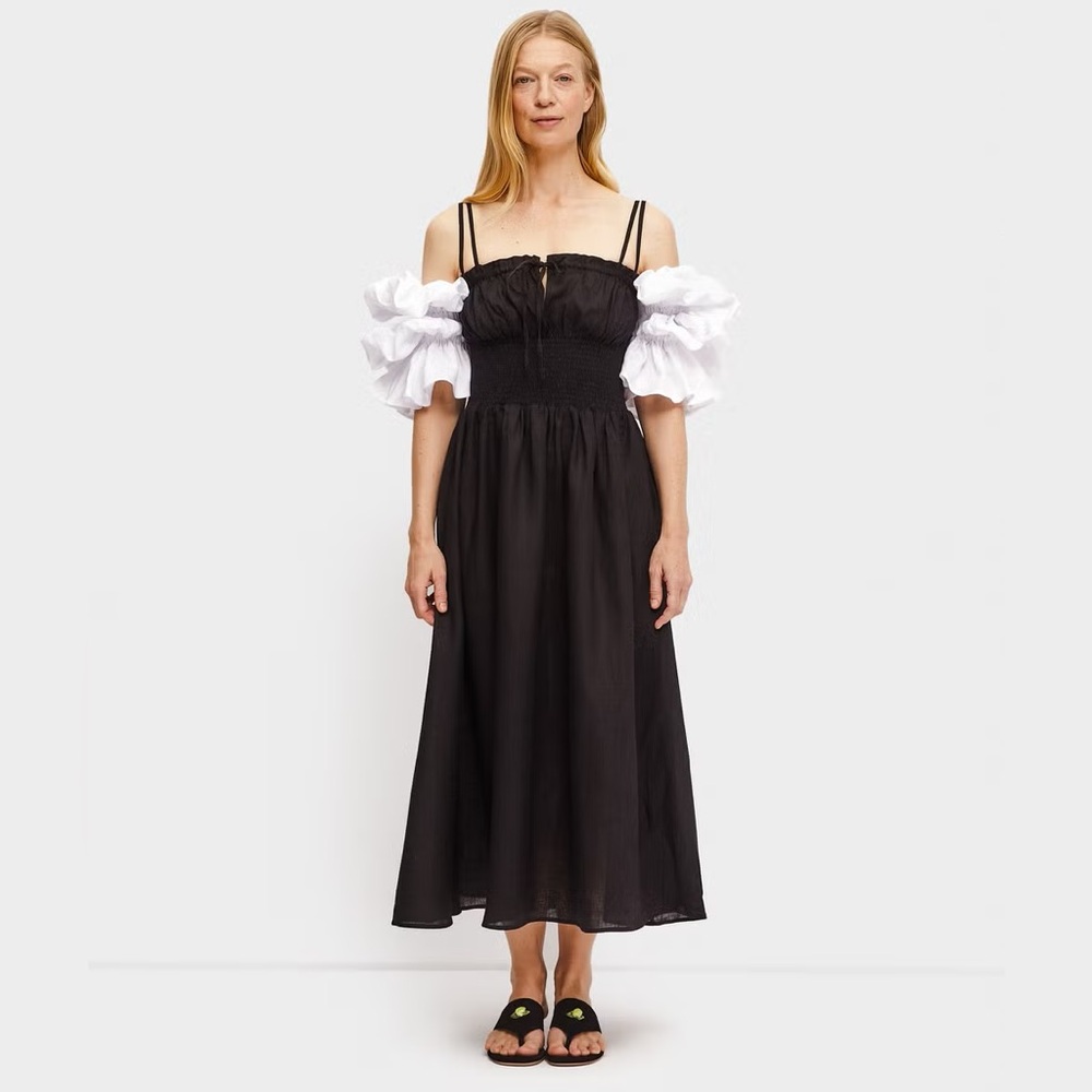 SLEEPER Arle Maxi Milkmaid Linen Dress‎ In Black NWT